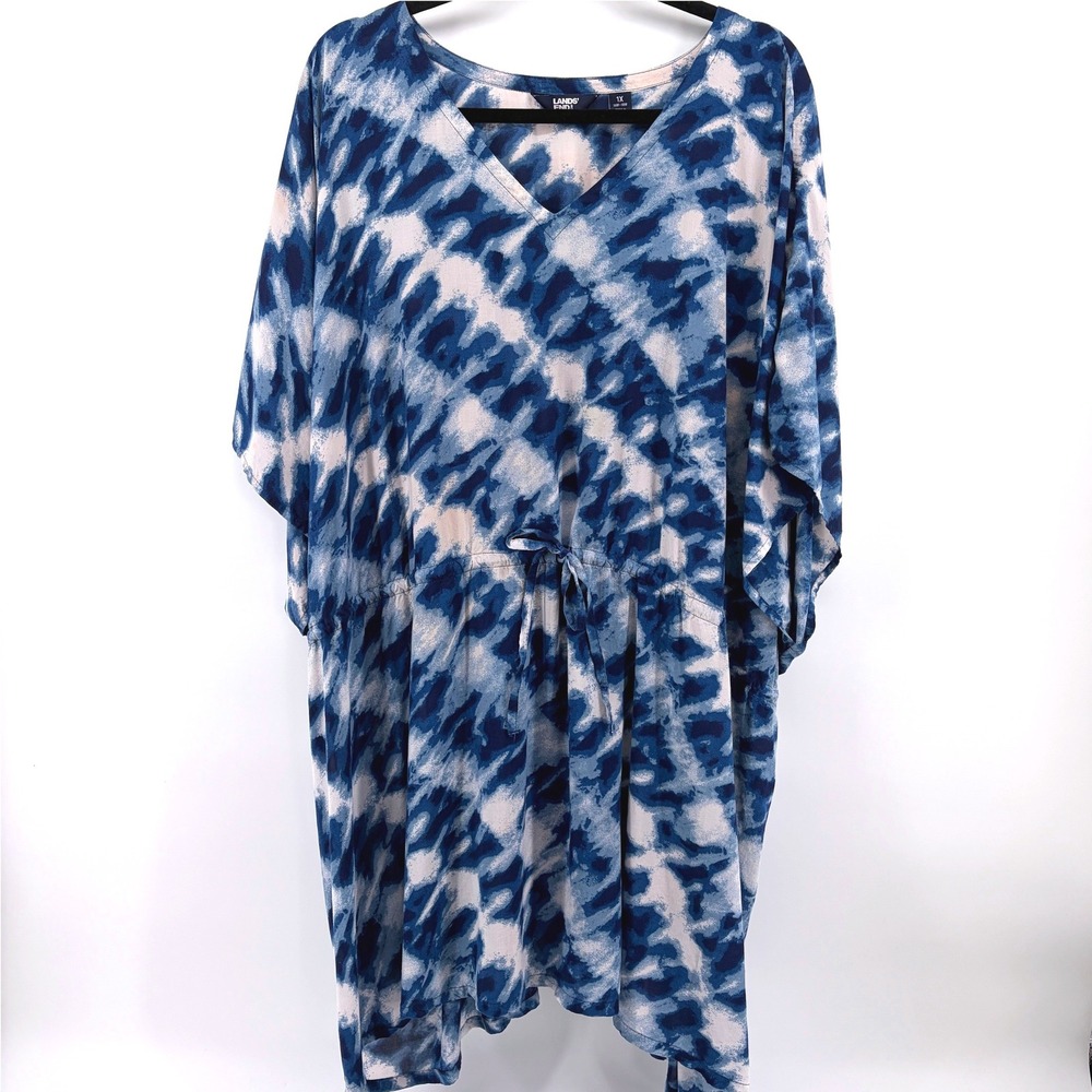Lands End Tie Dye V‎ Neck Drawstring Waist Swim Cover Up Plus Size 1X Blue White